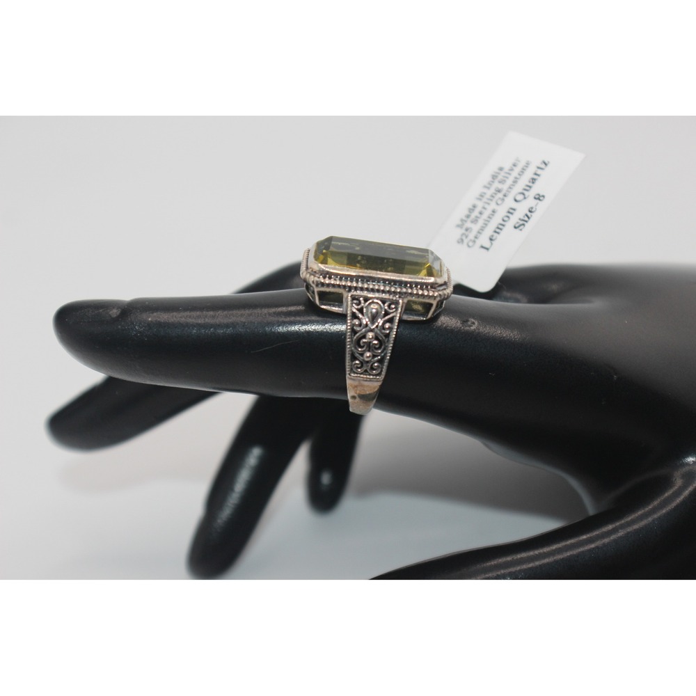 925 Sterling Silver Lemon Quartz Emerald Cut Filigree Statement Ring Size  NWT